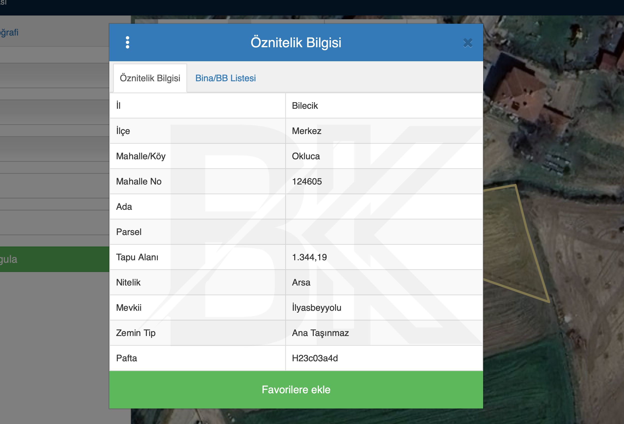 TKGM Öznitelik Bilgisi Ekranı