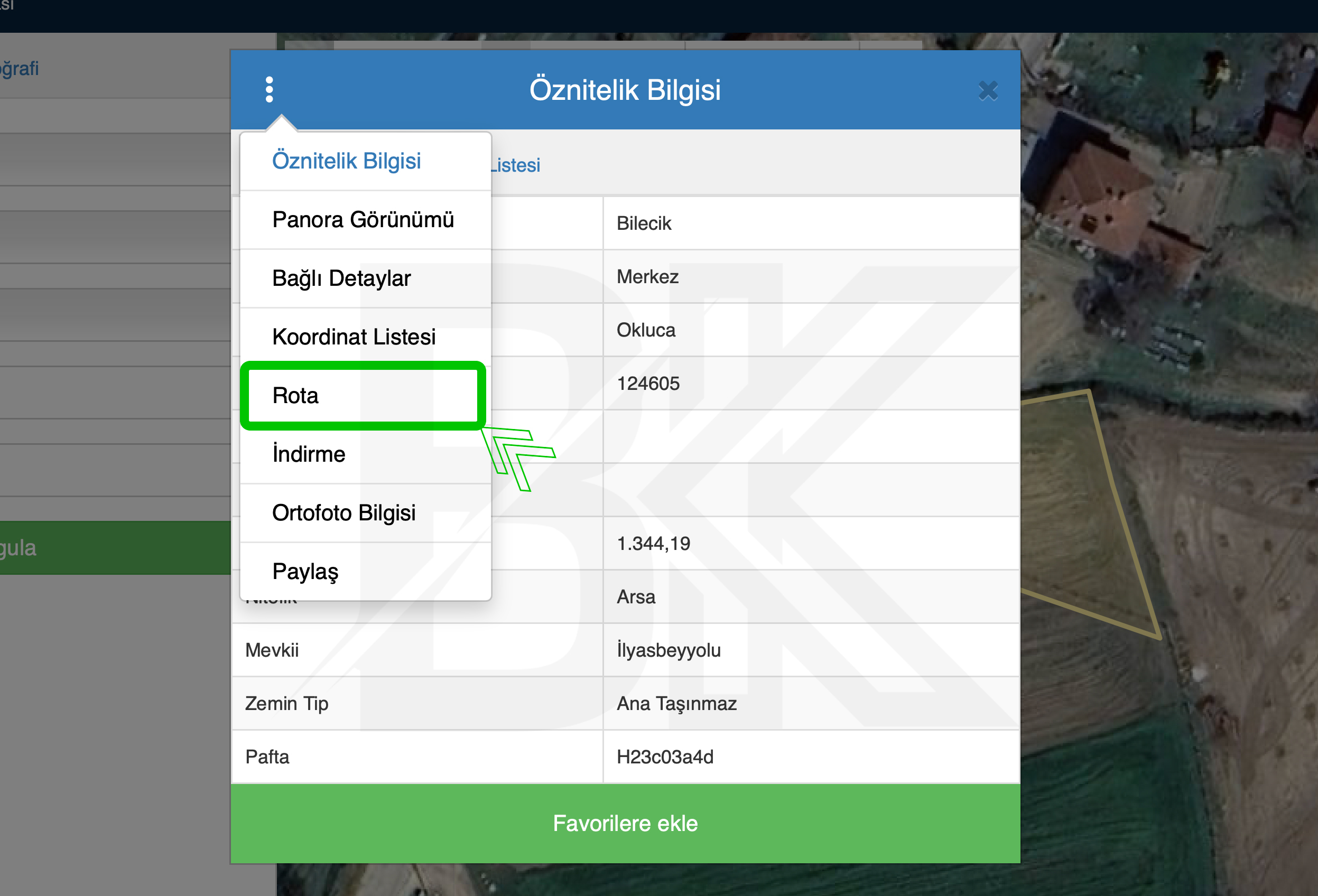 TKGM ile sorgulanan parselin Rota işlemini gösteren ekran
