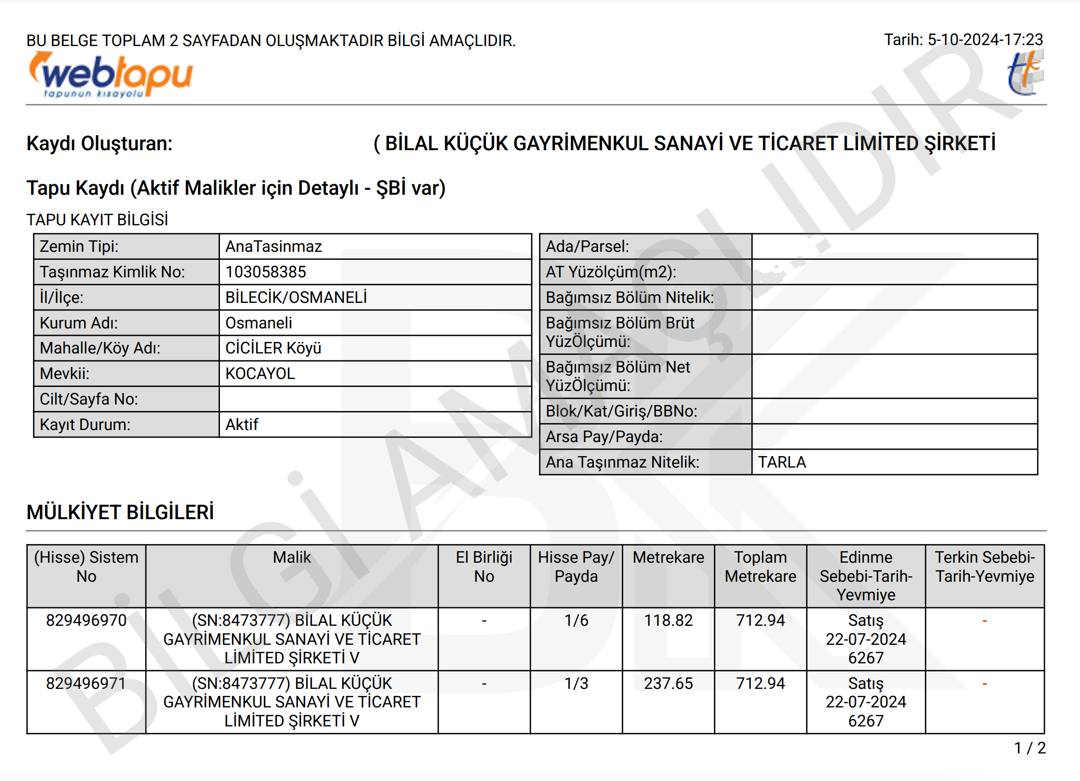WebTapu Takyidat Belgesi Örneği