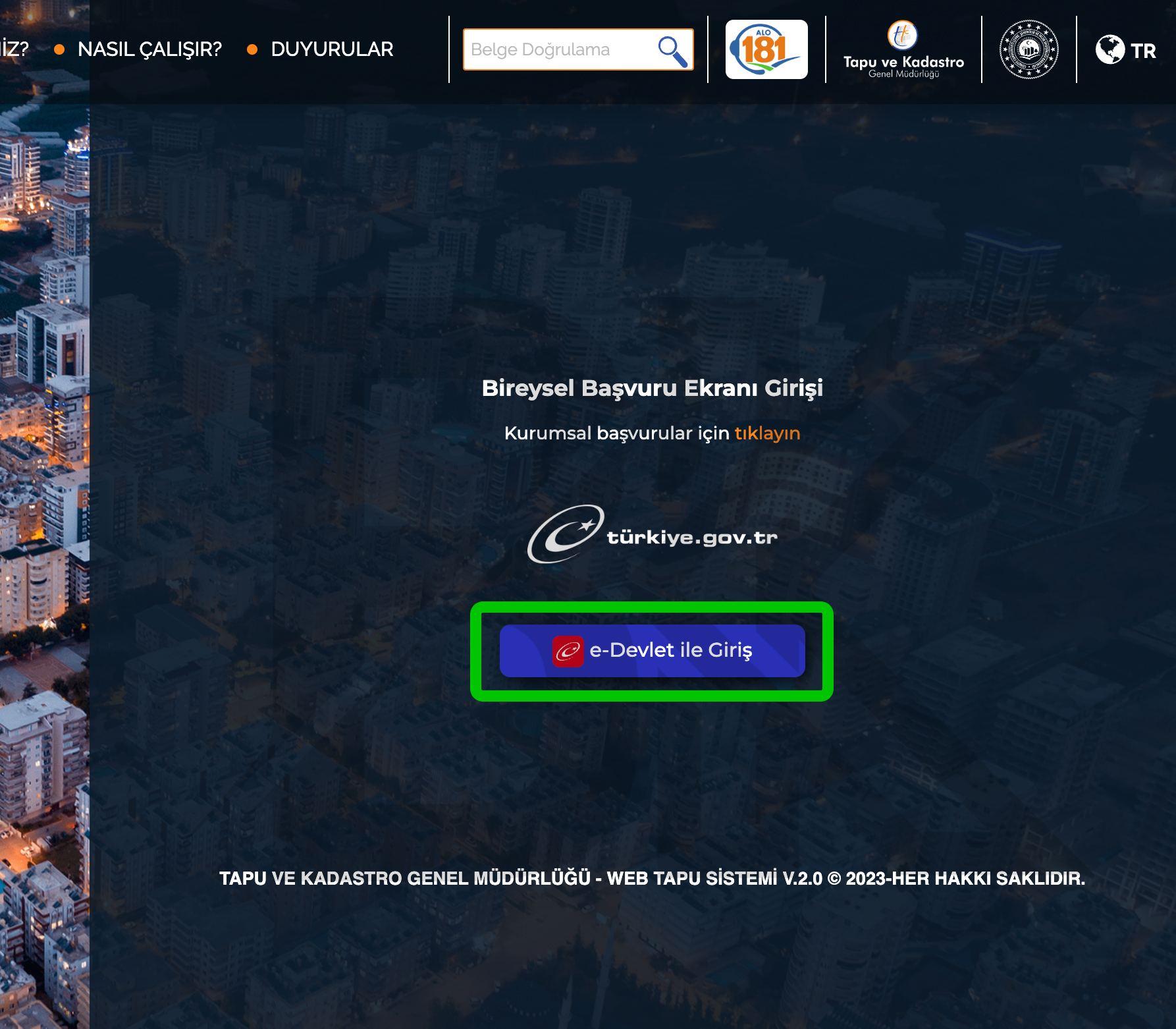 Webtapu E-Devlet ile giriş ekranı