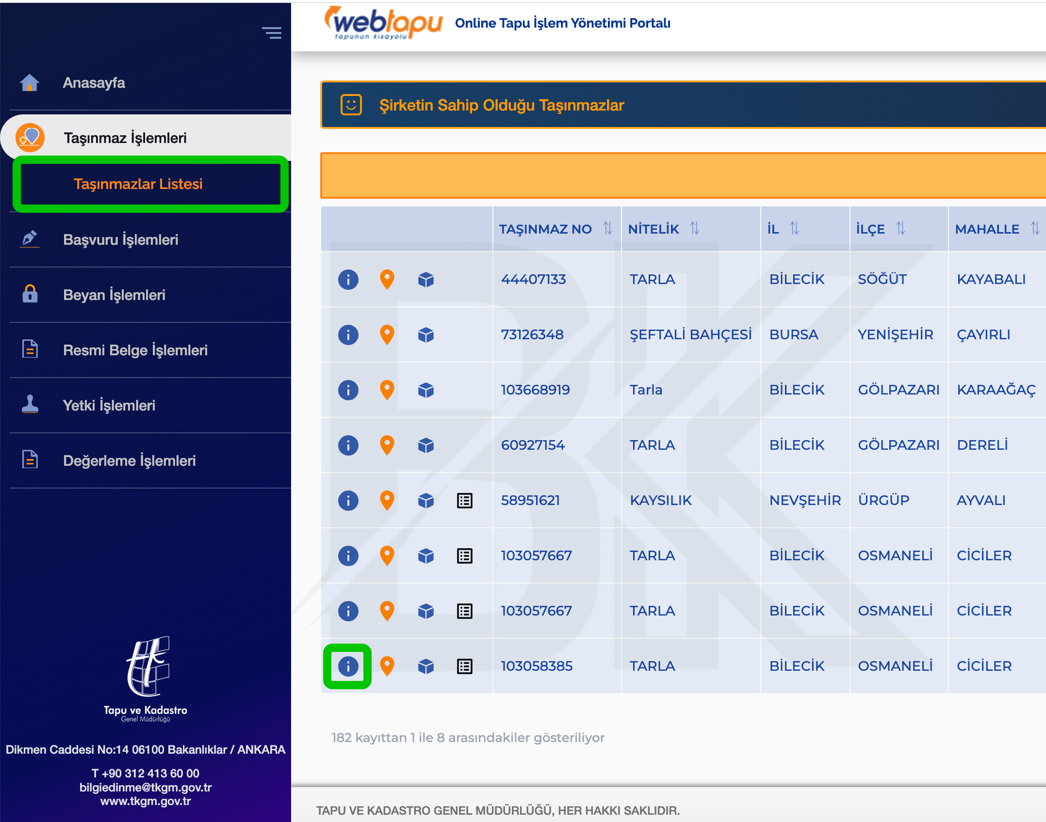 Webtapu Taşınmazlar Listesi Ekranı