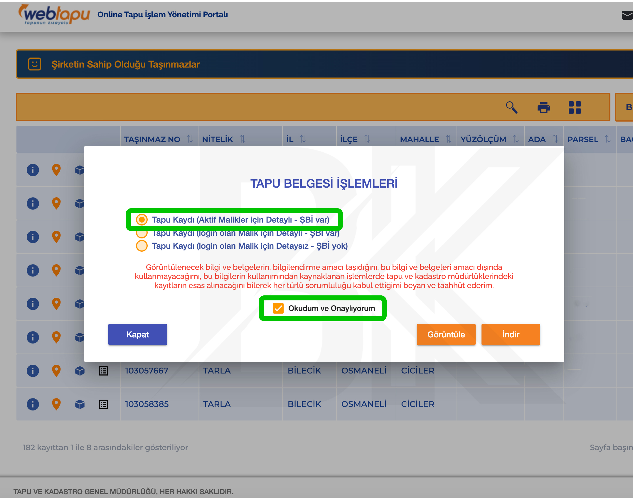 Webtapu takyidat belgesi çıkartma